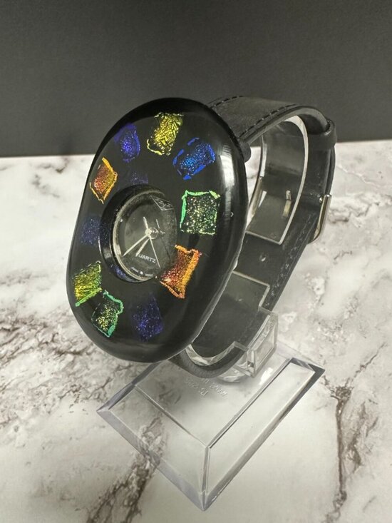 Vintage ZZYZX Watch Black Domed Case Confetti Foil Inlay Black Band New Battery